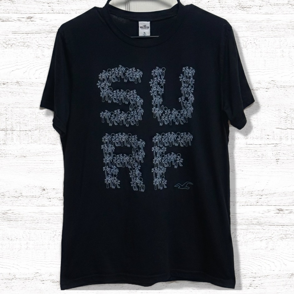 Hollister California Men’s Black Short Sleeve T Shirt With Surf Graphic Size XL